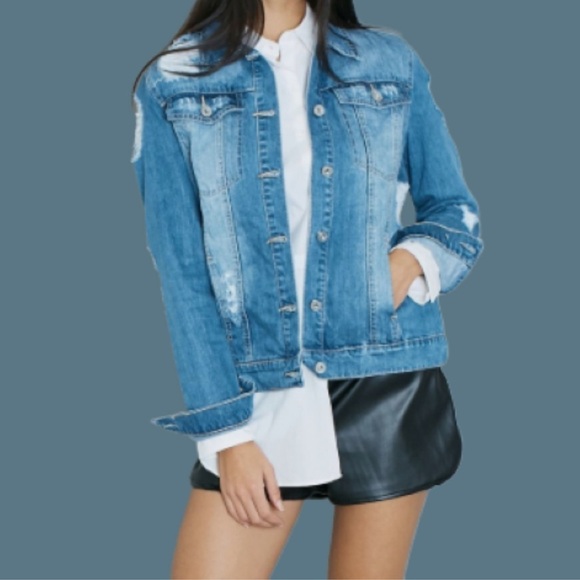 MISSGUIDED Graphic Ripped Denim Jacket Blue Size 6 - Picture 2 of 7